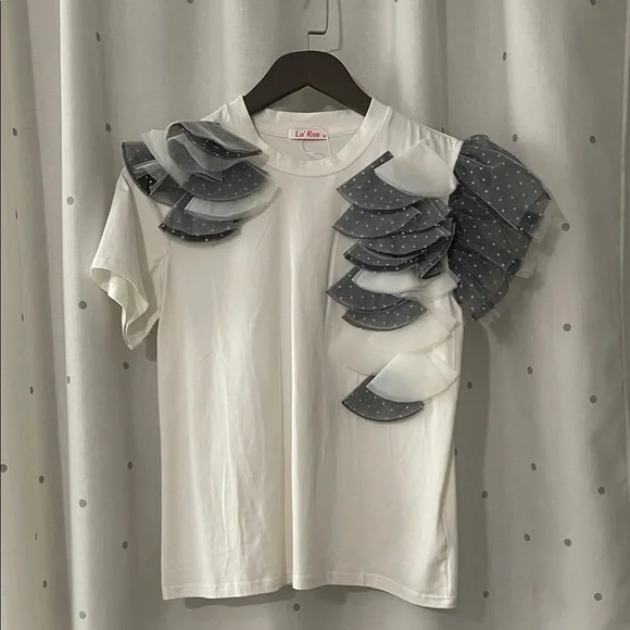 Elegant White and Gray Ruffle Top - Picture 4 of 7